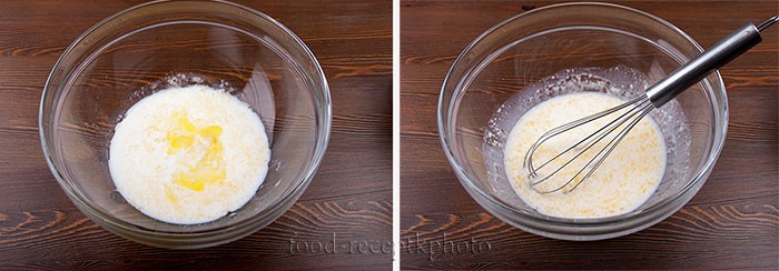 На фото,состоящее из двух, салатник с жидкой смесью для приготовления теста для калиток