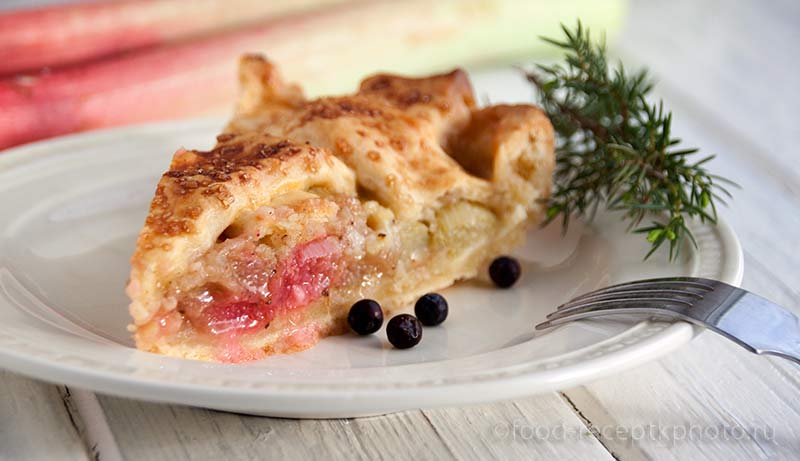 Кусок пирога с начинкой из ревеня с можжевеловыми ягодами