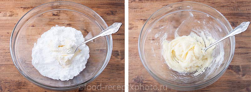 Масло с сахарной пудрой в стеклянном салатнике для приготовления теста для шоколадного печенья