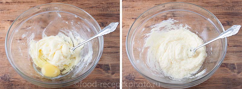 Масло с сахарной пудрой и яйцом в стеклянном салатнике для приготовления теста для шоколадного печенья