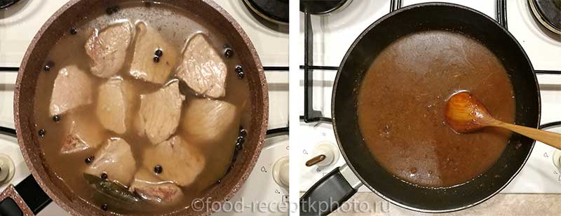 Отварная свинина и соус из чернослива в сковороде